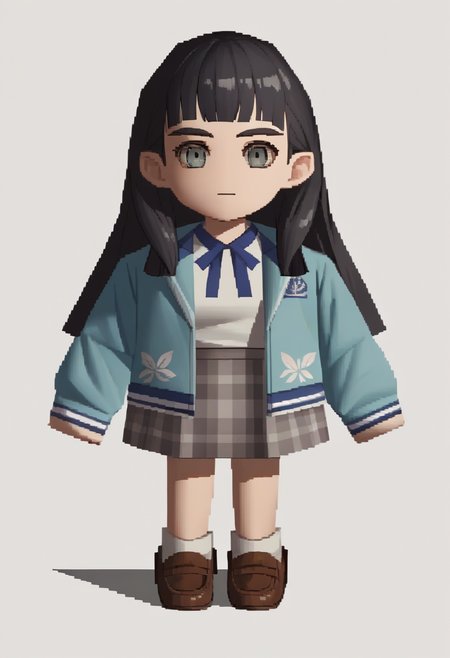 score_9, score_8_up, score_7_up, source_anime, 1girl, solo, <lora:zs_FFVIIChibisXL_1:1> ffviichibis, chibi, standing, full body, white background, <lora:zs_TaoXL:1> taosmtv, long hair, black hair, blunt bangs, grey eyes, jacket, shirt, grey skirt, plaid skirt, loafers