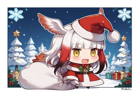 score_9, score_8_up, score_7_up, masterpiece, best quality, zzPadoru, blush, smile, open mouth, meme, holding sack, santa hat, dress, 1girl, solo, japanese crested ibis (kemono friends), head wings, multicolored hair, two-tone hair, white hair, red hair, long hair, blunt bangs, bangs, sidelocks, yellow eyes, bird tail, tail, long sleeves, wide sleeves, chibi, snow, Christmas tree, Christmas lights, Christmas border, red and green border, Christmas wreath border, presents, Christmas_card_outline