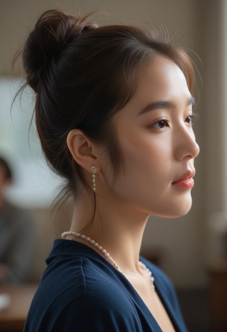 score_9, score_8_up, score_7_up, ladyburns, sideburns, 1girl, solo, jewelry, earrings, blurry, brown hair, asian, profile