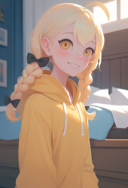 score_9, score_8_up, score_8, score_7_up, score_7, CMRNM, detailed eyes, eye reflection, blonde hair, braid, twin braids, yellow eyes, twintails, low twintails, ahoge, hair bow, black bow, hood, hoodie, yellow hoodie, indoors, 1girl, blush, smile,