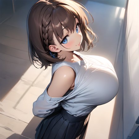 (masterpiece),(best quality),(ultra-detailed),(best illustration),(best shadow),(absurdres),(detailed background),(very aesthetic), ai-chan(tawawa), 1girl, solo, breasts, braid, skirt, brown hair, large breasts, smile, short hair, shirt, looking at viewer, arms behind back, blue eyes, side braid, white shirt <lora:XL-Ai-chan(Tawawa):1>