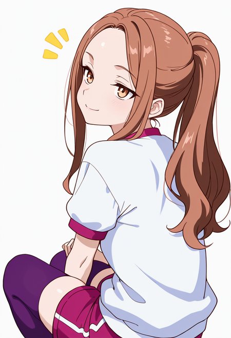 masterpiece,high quality details, absurdres,
 <lora:Aona:0.8> aona_cnr, 1girl, brown hair, long hair, ponytail, brown eyes,, simple background, white background, from behind,solo,, ^^^,seductive smile,, looking up,dynamic twist,forehead resting on knees,, gym shirt,windbreaker,socks over thighhighs,  ,purple pantyhose,