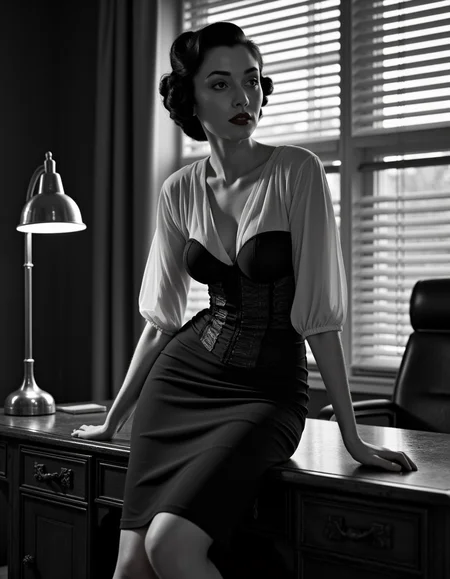 1950s ultra realistic, ultra defined textures, cinematic, cinematic lighting, monochrome,  in a dimly lit office, a woman perches on the edge of a mahogany desk, wearing a structured corset under a tailored pencil skirt and sheer blouse. Her hair is styled in victory rolls, and her red lips are illuminated by the warm glow of a single desk lamp. A close-up shot with a Zeiss Ikon Contax, the shadows of Venetian blinds creating dramatic lines across her face and torso, adding tension and intrigue. noirstyle <lora:noirsexyxxx:0.8>