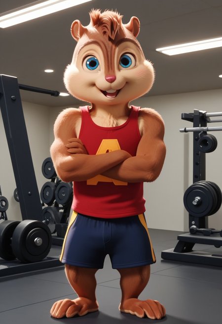 Score_9, score_8_up, score_7_up, source_furry, Alvin Seville, chipmunk, chipmunk male, furry male, furry, 3d, render, movie screencap, blue eyes, muscular body, muscles arms, muscular legs and thighs, red tank top, gym shorts, barefoot, gym, machines, smiling, crossed arms, looking at viewer, <lora:Alvin _Seville __Alvin_and_the_Chipmunks__CG_Movie_version:0.8>