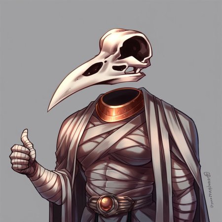 Zpdxl3, score_7_up, score_8_up, upper body, solo,detailed, 
BREAK,
Khonshu, skull head, floating head, beak, mummified, robe, (thumbs up), simple background,