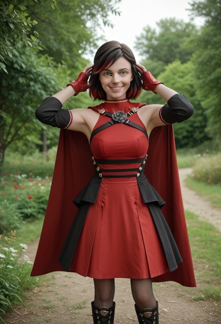 score_9, score_8_up, score_7_up,, high res ima , source_photo, source_real, (realistic:1.4),
,
1girl, cowboy shot, solo, outdoors, smile, looking at viewer, <lora:Summer_Rose_-_IL:0.8> SummerRose_RWBY,  short hair, black hair,gradient hair, grey eyes, fingerless gloves, detached sleeves, bare shoulders,  red dress,pantyhose, red cape, boots, masterpiece, best quality, good quality, newest, hands up over head