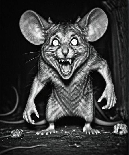 monochrome, evil giant mouse is yelling, horror   <lora:Camera trap:1>