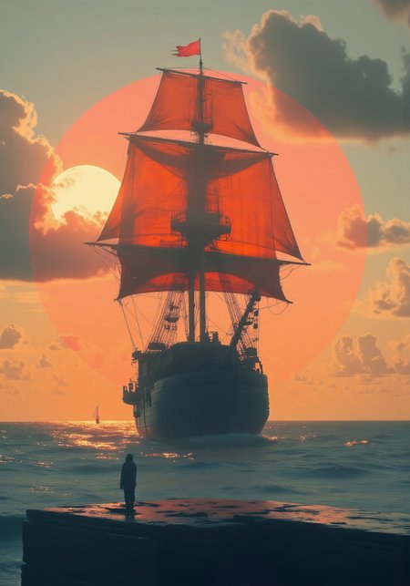 hyperdetailed digital antwort, DARK Fantasy, a moody scenery Landscape, a wide Angle Shot over a detailed massive galley at SEA, hyperdetailed naval effects, high waves, atmospheric lighting, oranate ancient/medieval Style, translucent bleaked orange sails, atmospheric orange/pink sundawn behind billowing Clouds 