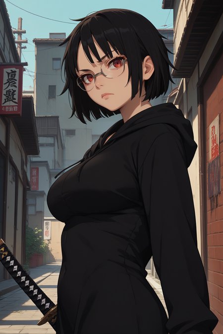 score_9, score_8_up, score_7_up, score_6_up, source_anime, 1girl, solo, <lora:sonoharaanri-pdxl-nvwls-v1-000006:1> anri, black hair, short hair, bob cut, glasses, black hoodie, black dress, big breasts, looking at you, from side, holding katana, serious, red eyes, alleyway