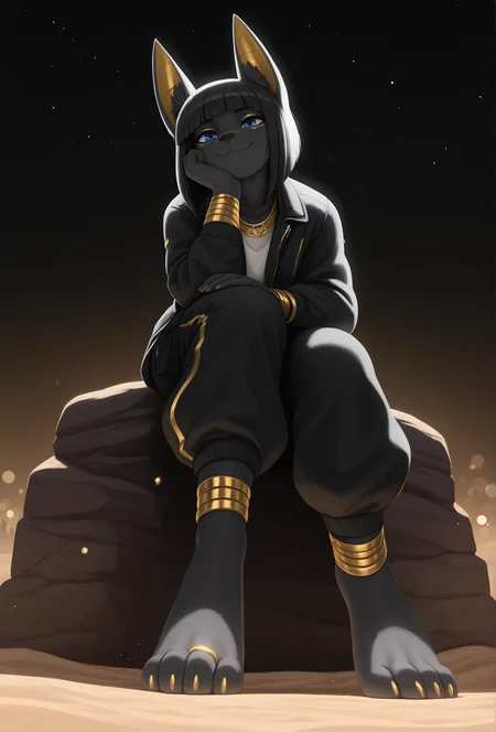 masterpiece,best quality,amazing quality, <lora:the_minuscule_task_style_illustrious_v1.2f:1> taskstyle, no lineart, lineless, 1girl, furry, anubian jackal, black fur, animal ear fluff, animal nose, gold eyeshadow, makeup, black hair, blunt bangs, inverted bob, sidelocks, smile, blue eyes BREAK
cargo pants, black pants, baggy pants, white shirt, black jacket, gold trim, animal feet, barefoot, desert, sand, egyptian, skyline, city lights, night, starry sky, dark, low lighting, (bokeh:1.2), gold anklet, zipper, belt, gold necklace, gold nail polish, sitting on rock, low angle, gold toe ring, leaning forward, head rest