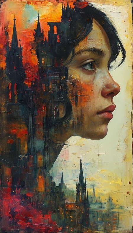 Captivating double exposure image, blending together a

post apocalyptic ruined city and the profile of an person face,


The ruined city should serve as the underlying backdrop, with its details subtly incorporated into the contours of the person's silhouette,

The background should reflect a dreamy sunset with colorful a vibrant colors.


ink, acrylic painting, double exposure, mythological, best quality, gloomy, Van Gogh, Craola, Dan Mumford, Andy Kehoe, Miyazaki, patchwork, 2d, flat, cute, adorable, vintage, art on a cracked paper, storybook detailed illustration, cinematic, ultra highly detailed, tiny details, beautiful details, mystical, luminism, vibrant colors, complex background, trending on artstation, sharp focus, studio photo, intricate details, highly detailed, by greg rutkowski, trending on artstation, sharp focus, studio photo, intricate details, highly detailed, by greg rutkowski