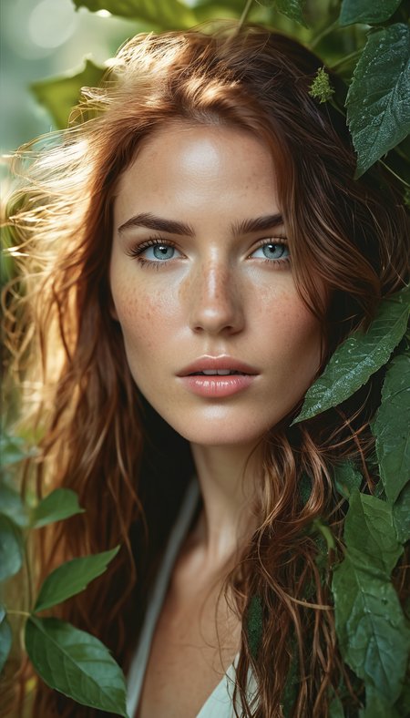 portrait of a unique breathtaking and beautiful woman face close-up, stunning detail, hyper detailed eyes, detailed skin with a flawless texture delicate and refined, smooth hair elegantly draped around her neck, subtle freckles on her nose, fullness of her lips, covered with leafs, captured in masterful composition, lighting accentuate her natural beauty, gentle shadows and highlights, incredible skill and attention to detail, nuance and detail, supersharp focus, Carne Griffiths, Conrad Roset, annie leibovitz, hyperdetailed, soft light, sharp, Hasselblad masterclass,  <lora:add-detail-xl:0.6>