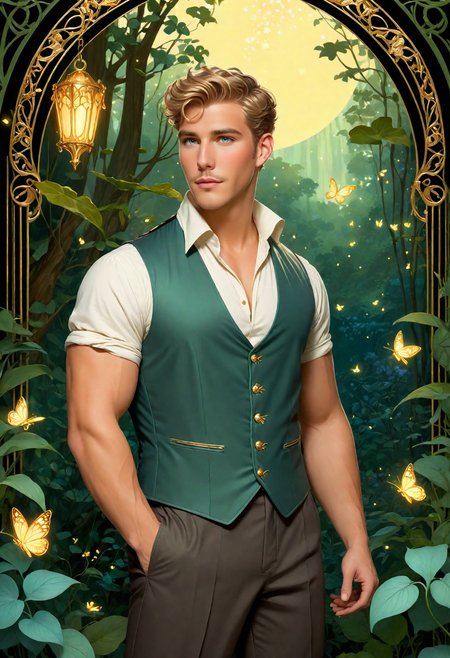 <lora:mdj_sdxl_v1-000008:1>  fantasy illustration, beautifully detailed artistic illustration, mdjperson illustrated in elegant Disney Art Nouveau style, standing confidently in a magical enchanted forest, lush foliage and ornate floral motifs framing the scene, soft glowing fireflies illuminating him, wearing a detailed luxurious sleeveless vest and trousers inspired by vintage fantasy fashion, gentle yet strong expression, intricate details and flowing lines reminiscent of Alphonse Mucha, rich pastel and gold color palette, dreamy atmosphere, classic Disney animation charm