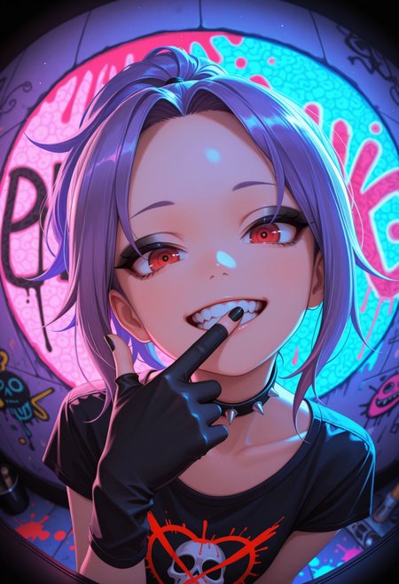 masterpiece,best quality,absurdres,highres,very aesthetic,high quality,detailed,insanely detailed,beautiful,perfect lighting, ,depth of field,blurry background,bokeh, looking at viewer, 
 <lora:Sazanka Illu:1> 1girl, purple hair, parted bangs, ponytail, red eyes, forehead,  
 black gloves, ((punk outfit,)), smile, goth eyeliner, full teeth, black nails, abstract background, abstract, colorful, paint splatter,fisheye, graffiti, head up, head tilt, finger frame,