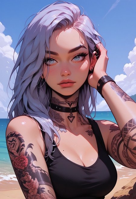 Score_9, Score8_up, Score_7_up, (((High Resolution, Best Quality))), Covered in Tattoos, hand on head, brushing hair behind ear, 
Tanktop, cutoff, choker, 
On a Cliff overlooking a beach, Cloudy Sky,