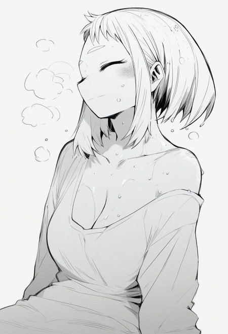 flatshinyskin, score_9, score_8_up, score_7_up , 1girl, 1girl, mosaic censoring, slight seductive pose,, large tear drop breasts, sweating, breasts,, long skirt, 1girl, solo focus,, wet, sweaty, sweating, steam, sitting , tired eyes, head tilted down, head looking down, head turned down side ways,  closed eyes, smile, facing side ways, (side portrait:1.5), slight smile,
(neck focus, collarbone focus)
ochako_uraraka, 1girl, score_9, score_8_up, score_7_up, Monochrome, MANGASTYLE, solo focus, perfect body, curvey, thick waist, thick body, oversized Tshirt, partially visible breasts, cleavage,  partially exposed  left shoulder, exposed left shoulder,  loose T shirt, side focus, facing sideways
(head resting on shoulders, head on shoulder)
round face, thick body, plumb