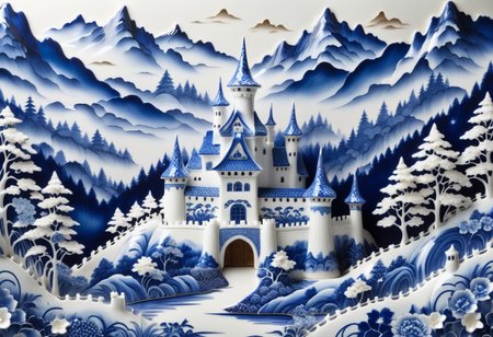 porcelain castle  in Bluepatternporcelain, detailed calligraphy ornament, 
mountain forest meadow background,