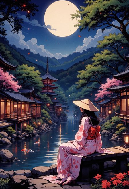 Midnight in a Japanese Tea Garden
"Under the quiet glow of the full moon, a serene woman with jet-black hair sits on a wooden bench in a tranquil Japanese tea garden. She wears a pastel rose pink kimono adorned with cherry blossom patterns. Her wide-brimmed straw hat rests beside her as she watches the koi fish gliding through the moonlit pond. A red pagoda peeks through the mist, and lanterns along the stone path cast a soft glow. Fireflies dance around her, and the night is filled with the gentle rustling of bamboo leaves swaying in the midnight breeze."