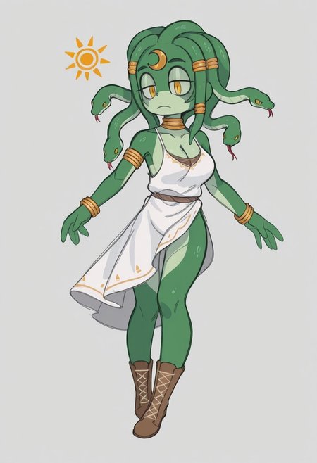 sslt,

1girl, jewelry, breasts, cleavage, armlet, bracelet, colored skin, crescent, cross-laced footwear, dress, full body, green skin, monster girl, neck ring, snake, snake hair, sun symbol, tunic, white dress, yellow eyes