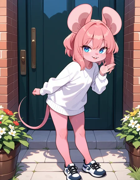 masterpiece, best quality, very aesthetic, absurdres,
outdoors, casual, 
full body, standing, posing, 
 seductive smile, parted lips, long eyelashes,
 <lora:Mouse_Girl_v01_NAIXL:1>
M0sgr1,1girl,solo,furry,furry female,mouse girl,mouse ears,pink hair,short hair,blue eyes,snout,animal nose,whiskers,buck teeth,body fur,pink fur,mouse tail,