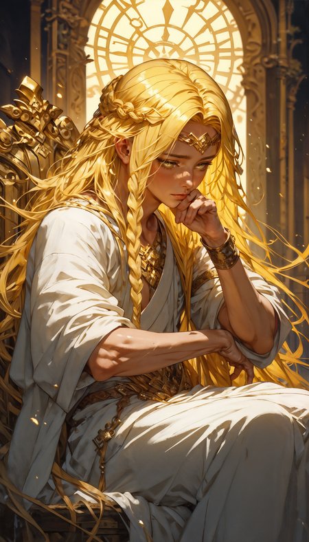 score_9, score_8_up, score_7_up,  1boy,solo focus,solo, miquella, blonde hair,crown braid,multiple braids,yellow eyes, white robe, gold armlet,circlet, sitting on a throne, soft lighting, divine light,  <lora:Expressive_H-000001:0.8>, expressiveH     <lora:Fant5yP0ny:0.9> <lora:Pony_DetailV1.0:0.9> <lora:miqeulla:0.8>