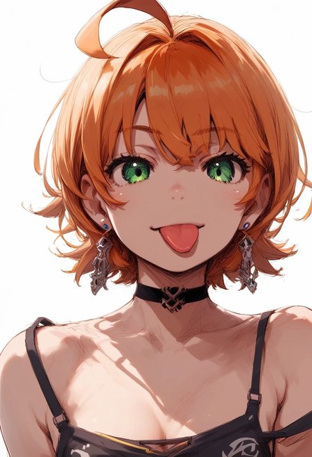 PonyScores7, source_anime, hi res, masterpiece, best quality, highres, Majo_PS, 1girl, green eyes, jewelry, tongue out, strap slip, white background, orange hair, looking at viewer, short hair, simple background, earrings, upper body, small breasts, multicolored hair, choker, ahoge, two-tone hair, collarbone, necklace, bare shoulders, cleavage, :p