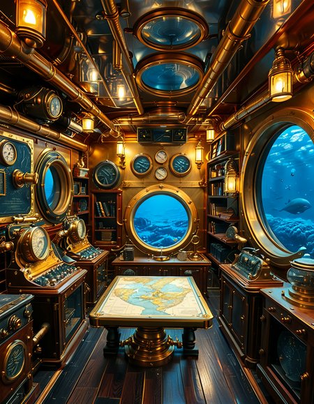 A stunning and intricate view of the interior of the Nautilus submarine, inspired by Jules Verneâs steampunk aesthetic. The room is a mix of Victorian elegance and advanced 19th-century marine engineering. The walls are lined with riveted brass and copper pipes, with intricate pressure gauges and mechanical levers. A massive, round glass porthole offers a breathtaking underwater view of deep-sea creatures swimming in the dark abyss. The warm glow of antique oil lamps and gaslights illuminates the space, casting soft golden reflections on the polished mahogany furniture and ornate brass railings. A large wooden desk is covered with old nautical charts, compasses, and a logbook filled with Captain Nemoâs notes. In the background, a library with leather-bound books and scientific instruments is neatly arranged on wooden shelves, emphasizing the scholarly and adventurous nature of the vessel. The ambiance is a perfect fusion of mystery, science fiction, and vintage maritime beauty, evoking a sense of wonder and deep-sea exploration.<lora:SDXLFaeTastic2400:0.4> <lora:extremely_detailed:0.4> extremely detailed, <lora:Nautilus_subm4r1n3:1>,Nautilus subm4r1n3, Masterpiece,best quality,hi res,8k,hi res,8k,award winning,(sharp focus, intricate, highly detailed),