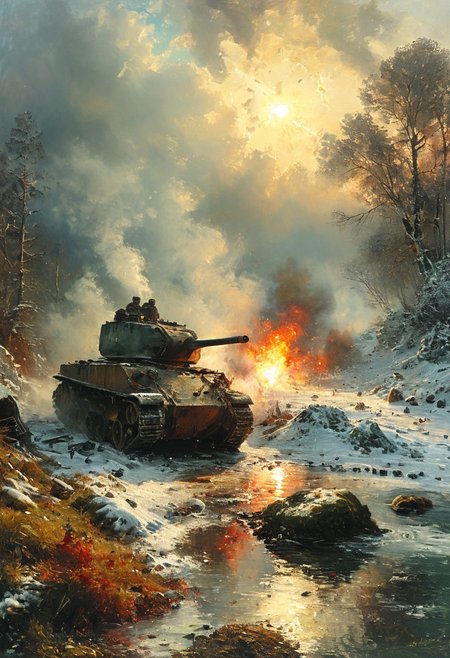 cinematic explosion napoleonic soldiers blowing away ,a ww1 tank stuck in a quagmire, battlefield, vibring color, explosion, ice and snow . Forest.  At sunset, vibring color,  monet,  oil painting, style of Andreas Achenbach