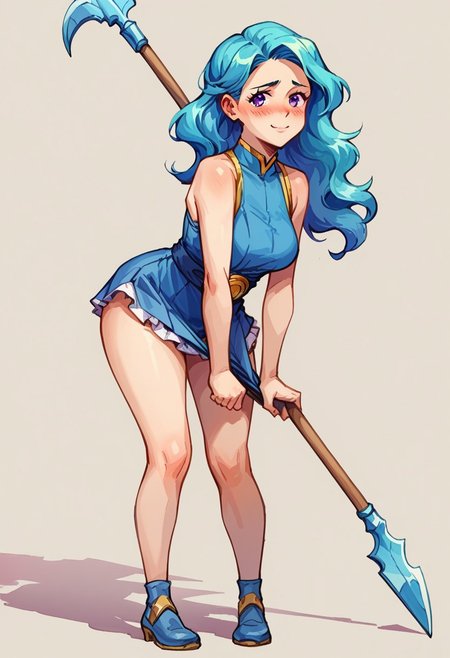 Score_9, score_8_up, score_7_up, score_6_up,score_5_up, anime color, watercolor, ink lines, anime style, source_cartoon,nsfw,  valere, aqua hair, (wavy hair), long hair, breasts apart, curvy hips, purple eyes, sleeveless, leaning forward, head tilt, lingerie, small dress, blue dress, frills, blue straps, skindentation, looking back, (((sexy))), uncomfortable pose, pulling skirt, side view, knees together, huge weapon, (((holding weapon))), double-bladed spear, 1girl, solo, shy, (((blushing))), nervous smile, looking at viewer, (best quality,masterpiece), ultra high res,ultra-detailed, :: simple background, (((shadow)))
