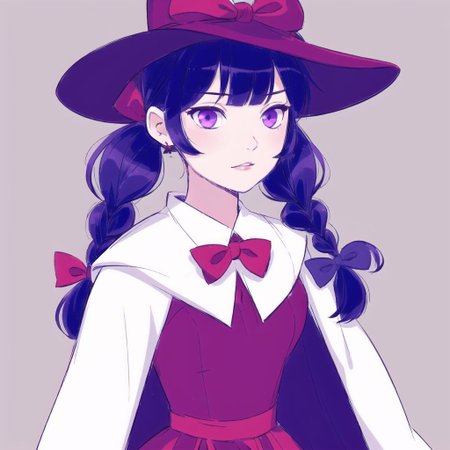 <lora:mayonoseart:1>,  mayonoseart, 


 1girl, alternate hairstyle, bangs, blue bow, bow, braid, breasts, capelet, crescent, crescent hair ornament, dress, eyebrows visible through hair, flying sweatdrops, grey background, hair bow, hair ornament, hat, hat ribbon, holding, holding hair, long sleeves, looking at viewer, low twintails, medium breasts, mob cap, parted lips, purple dress, purple hair, red bow, red ribbon, ribbon, simple background, solo, twin braids, twintails, v-shaped eyebrows, violet eyes, white capelet, white hat, wide sleeves