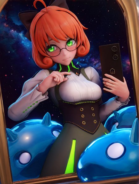 high quality, best quality, masterpiece, highres, very aesthetic, absurdres, detailed hair, <lora:NSFWFilter_illusXL_Incrs_v1:-.5>, selfie, mirror, reflection focus, holding cell phone, blush, zoom layer, 
glasses, Penny Polendina \(RWBY\), long hair, orange hair, hair bow, black bow, green eyes, medium breasts
, outdoors, stars, galaxies, space, asteroids, rocket ship, afternoon, <lora:vicinekosty4:1>, vicinekosty, 3D, slime (creature)