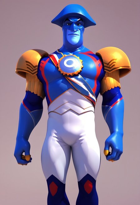 score_9, score_8, score_9_up, score_8_up, score_7_up, high quality, ultra detailed, highres, Malediktator, blue skinned, blue eyes, blue jacket, blue cowl,  headwear, blue bicorne, blue gloves, white stripes, red stripes, yellow shoulder pads, white pant, blue boots, sash, yellow fingers, looking at view, BREAK, simple background