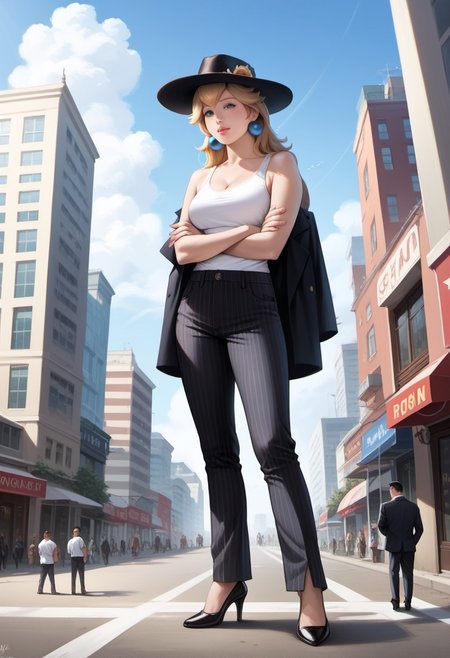 score_9, score_8_up, score_7_up, score_6_up, score_5_up, score_4_up, high quality, ((photorealistic)), (Extremely detailed), 1.5, <Lora:add-detail-xl:1.5>, princess peach, blonde hair, blue eyes, long hair, black fedora hat, white tank top, black pinstripe suit pants, black mule heels, Marco, Giantess, giga size, gigantic, city, standing, looking down, arms crossed, front view