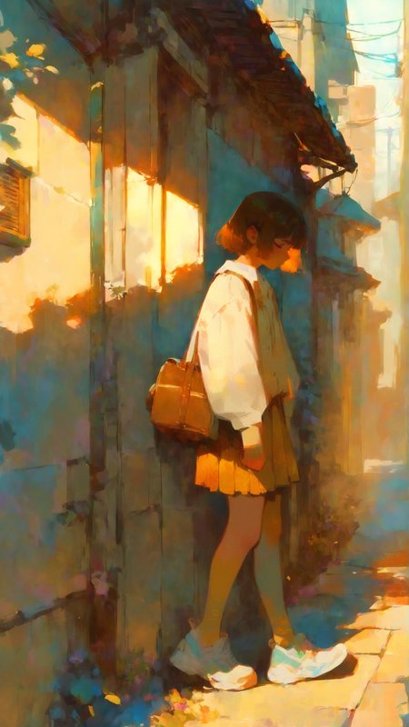 masterpiece, newest,absurdres,incredibly absurdres, best quality, amazing quality, very aesthetic,
1girl, walking, sunlit street, narrow alley, casual jacket, pleated skirt, sneakers, shoulder bag, short brown hair, warm sunlight, soft shadows, pastel tones, orange hue, beige theme, urban scenery, power lines, tiled roofs, quiet afternoon, backlight, cinematic angle,
<lora:0__11Xx:1> 0__11Xx_illu, <lora:style1_v1_Illusv2.0_1:1> stylized