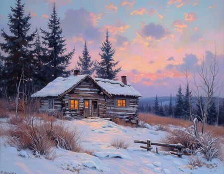 <lora:OBä¸­ä¸çºªæ²¹ç»v1.1:1> OByouhua, oil painting
oil painting of traditional russian style house in a tundra,  dead bushes, wooden fence,, foggy, cloudy sky,  pine  trees, window lit,  snowy, winter,