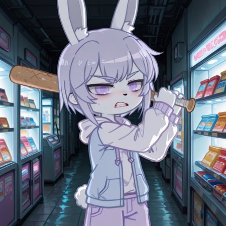masterpiece,best quality,amazing quality, gacha, ch5ucha44g, gachach5ucha44g, 1boy, boy purple eyes, rabbit ears, furry, white skin, pale blue jacket, white sleeves, pale purple shorts, shop cel-shading, store,  (dark:1.5), backlit, (upper body shot), holding baseball bat in hand, angry face, aggressive pose, angry pose, dynamic pose