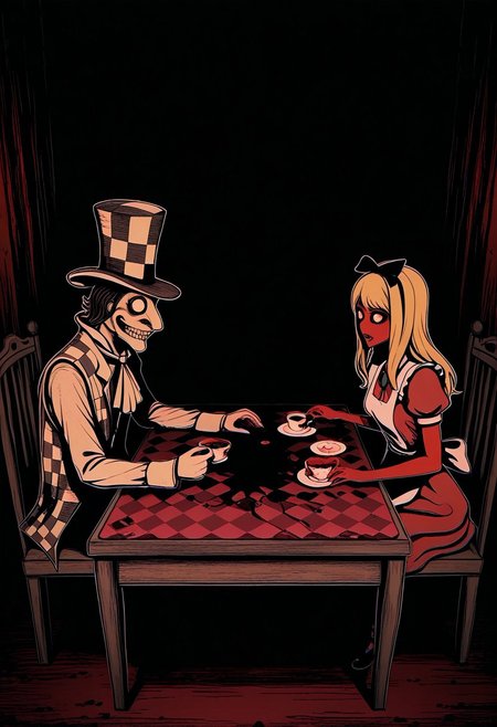MASTERPIECE, AMAZING QUALITY, PAPER CUTOUT, LAYERED, 1GIRL, ALICE IN WONDERLAND, SITTING, TABLE, 1BOY, MAD HATTER, DARK, BLOODY, HORROR (THEME), TEACUPS