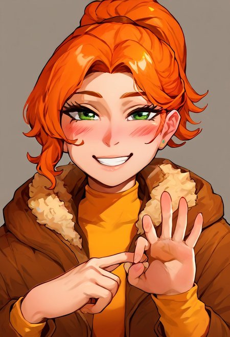 Robin_SDV, green eyes, orange hair, ponytail, yellow shirt, green pants, brown jacket, score_9_up, score_8_up, score_7_up, dirty japanese ntr style, expressive, SGER, hands 
blushing, smiling, looking at viewer