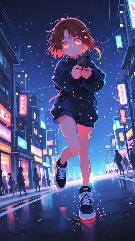 masterpiece, best quality, good quality, newest, highres, absurdres,  vivid colors, flat color, 2D, strong lines, Pop Art, no lineart,no outline,  xxx667_illu,glowing,sketch,masterpiece, utmost quality, hyper-realistic, newest, absurdly high-res, ultra-detailed scan, from dramatic side view, subtle scan artifacts, from immersive view, Iwakura Lain, intensely aiming at viewer, dynamically running, extreme Dutch angle, firmly holding Glock, surrounded by flying elemental dust, wearing Nike sneakers, bathed in ethereal moonlight, amidst vibrant cityscape, dazzling city lights, breathtaking scenery, exaggerated depth of field, distorted fish-eye lens effect. <lora:TQ_Iridescent_Fantasy_Creations:0.8> <lora:MJ52:0.5> <lora:xl_more_art-full_v1:1> <lora:114558v4df2fsdf5:1>  <lora:illustrious_very_aesthetic_v1:0.5> <lora:XXX477:0.2>  <lora:sowasowart_style:0.3>   <lora:illustrious_flat_color_v2:0.6>  <lora:haiz_ai_illu:0.7>  <lora:checkpoint-e18_s306:0.75>