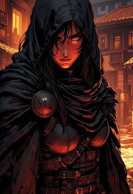 in the style of ck-mgs, nistyle, closeup portrait of barbarian amazon woman, female assassin, in leather armour, dark cloak, in an ancient fantasy village, silhouetted, chiascuro, dynamic, one side of her face illuminated, direct gaze