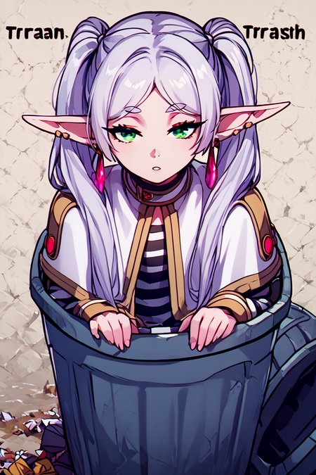 score_9, score_8_up, score_8,   BREAK,  <lora:Trash_Waifu_PDXL:1.0>,  zzTrashWaifu, in trash can,  "Old Trash" <lora:Frieren:0.8>, zzFrieren, long hair, twintails, green eyes, grey hair, pointy ears, elf, shirt, long sleeves, jewelry, earrings, striped, capelet, striped shirt,   (text focus, the word trash:1),  BREAK,  embedding:zPDXL, Expressiveh,  <lora:CatalystStylePDXL:0.6>,  <lora:SDXLFaeTastic2400:0.5>,  <lora:Expressive_H-000001:0.4>,