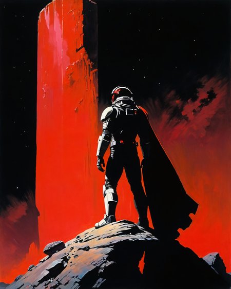 Monolith, 2001 space odyssey, Frank Frazetta style,  ruby, black background, <lora:add-detail-xl:1.0>  <lora:xl_more_art-full_v1:0.5>