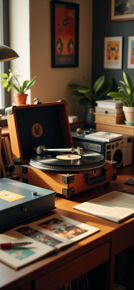 (indoors,indoor,isometric view,side view,tilt-shift lens:2), (in the style of ck-sfc,fna_style,fna_style,a scene from a pop-up,card letter:2), (briefcase style turntable :1.5),(opened turntable on vinyl record and  bus on vinyl record :2) (on desk at study:4) <lora:Fantasy_Novel_Art_Style:1><lora:ck-plastic-models:1> <lora:Pop-up_Book_Papercraft_Plotter_FLUX:1>