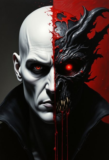 Dark gothic oil painting, vampire lord portrait: left side aristocratic pale skin, right side monstrous bat-like features. Divide is a stream of crimson blood.