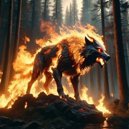 ignar burning wolf in burning forest, dark, cinematic, enigmatic, photorealistic, very detailed<lora:ignar:1>