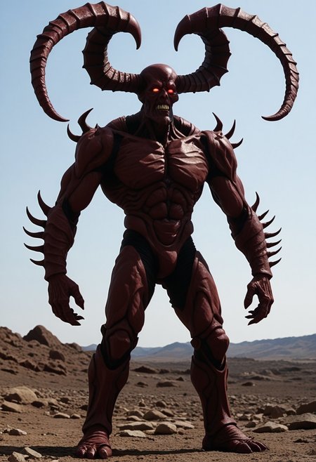 Shabranigdu_Slayers
monster, demon, exoskeleton, red eyes, brown skin , large horns, 
handsomize
four arms, three fingers, large forehead, tail, wings, spikes
framing device, leading lines,  solo focus, 
ray tracing, 
(High Resolution), (More Details), (8K), (High Resolution)
handsomize
backdrop is a generic dark fantasy Shadowland/ Hell/fallen land.
