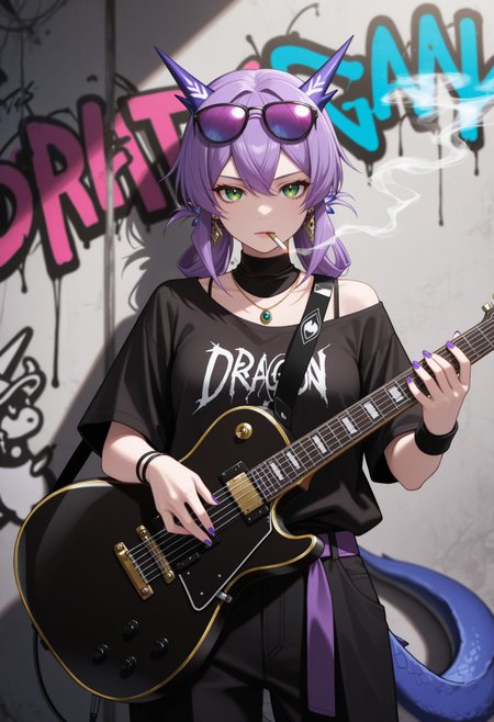masterpiece,best quality,absurdres,highres,very aesthetic,high quality,detailed,insanely detailed,beautiful,
, <lora:Flatorte illu:0.9> 1girl, purple hair, long hair, green eyes, hair ornament, dragon girl, dragon tail,
guitar, solo, instrument, cigarette, electric guitar, smoking, shirt, jewelry, pants, smoke, black shirt, holding, , looking at viewer, eyewear on head, necklace, jacket, off shoulder, wristband, sunglasses, earrings, graffiti, tinted eyewear,, short sleeves, holding instrument, cowboy shot, t-shirt, nail polish,