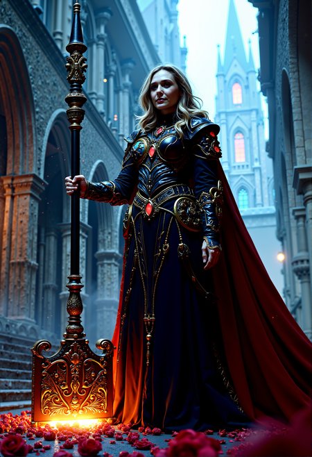 dark paladin queen, her dress a blend of intricate armor, breastplate,  and flowing fabric in turtleneck, wielding a massive, glowing warhammer, with a backdrop of a towering cathedral bathed in cold, ethereal light and a storm of rose petals.

She stands with the hammer held loosely at her side, her posture relaxed but alert. Her expression is calm, with a slight smile, as if she has just won a hard-fought battle and is surveying the aftermath.

A creative low-angle shot from the perspective of the hammer, looking up at the dark paladin queen. This shot emphasizes her control over the powerful weapon and creates a sense of awe

cinematic lighting, extremely intricate detail character, accurate depiction of character, correct body anatomy, correct hands and fingers, extremely intricate skin and facial texture detail, design,lifelike potrayal, extrememly realistic lighting, extreme dynamic pose











