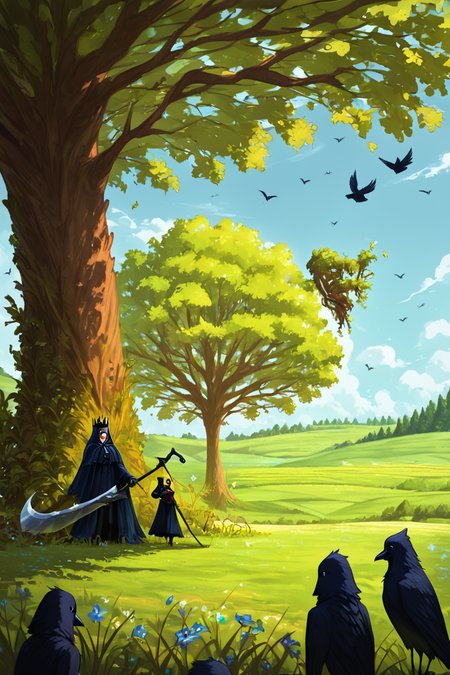 score_9, score_8_up, score_8, medium breasts, (curvy), cute, eyelashes,           BREAK, , BREAK,     holding, standing, weapon, outdoors, multiple boys, sky, hood, holding weapon, tree, bird, animal, grass, crown, nature, scenery, hood up, scythe, field, multiple others, bare tree, crow, holding scythe   <lora:AnatoFinnstarkStyle_PDXL:1.0>,      embedding:zPDXL, Expressiveh, <lora:SDXLFaeTastic2400:0.5>,  <lora:Expressive_H-000001:0.4>,