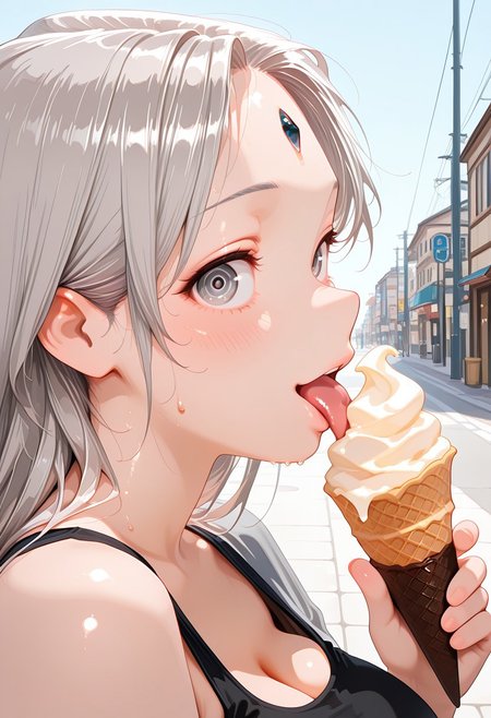 creamai, 1girl, masterpiece, best quality, amazing quality, very aesthetic, absurdres, age up, system_lb, mature female, dark blue forehead jewel, ringed eyes, gray hair, long hair, gray eyes, medium breasts, cleavage, black crop top, licking ice cream cone, happy, street, close up, face focus, sweat, sunny day, eyes half-closed, sweatdrop, from side, looking at viewer, sky